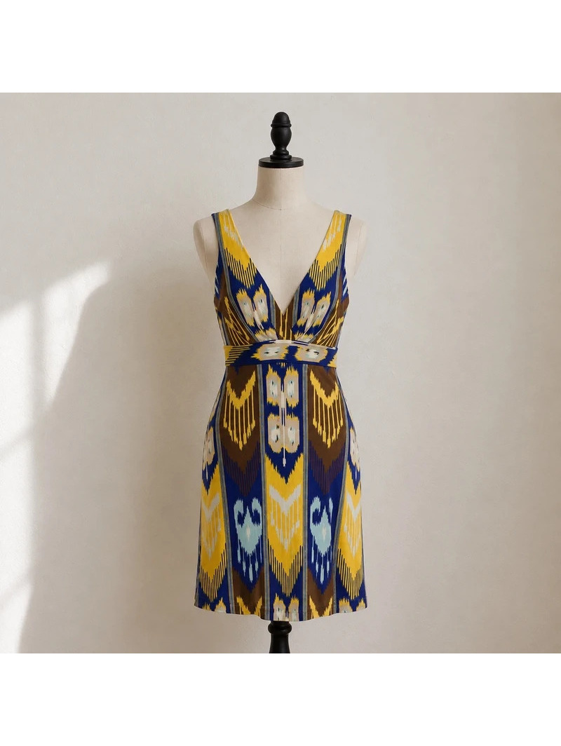 Tory Burch 100% Silk Ikat Print Plunge Mini Dress Blue Yellow Xs Resort Summer